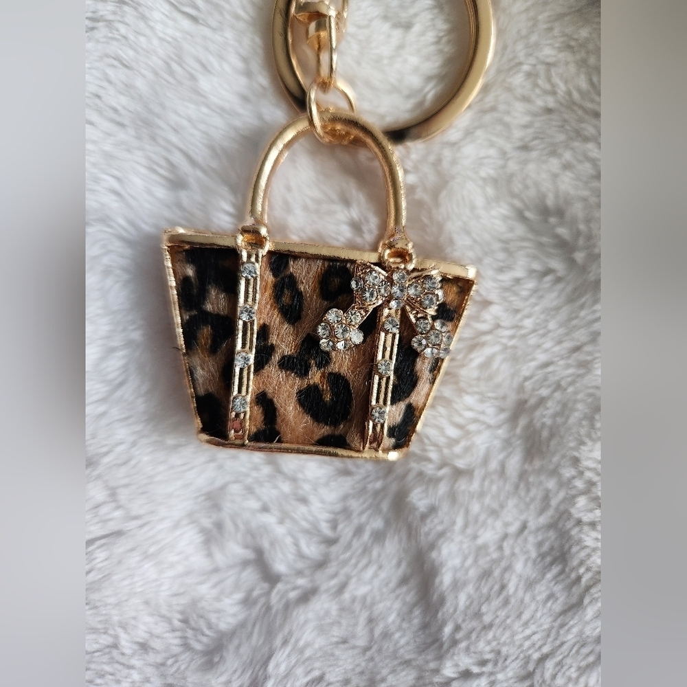 Gold and Brown Beaded Bag Charm Chain And Keychain Set Studded Boot Animal Print - Picture 13 of 16